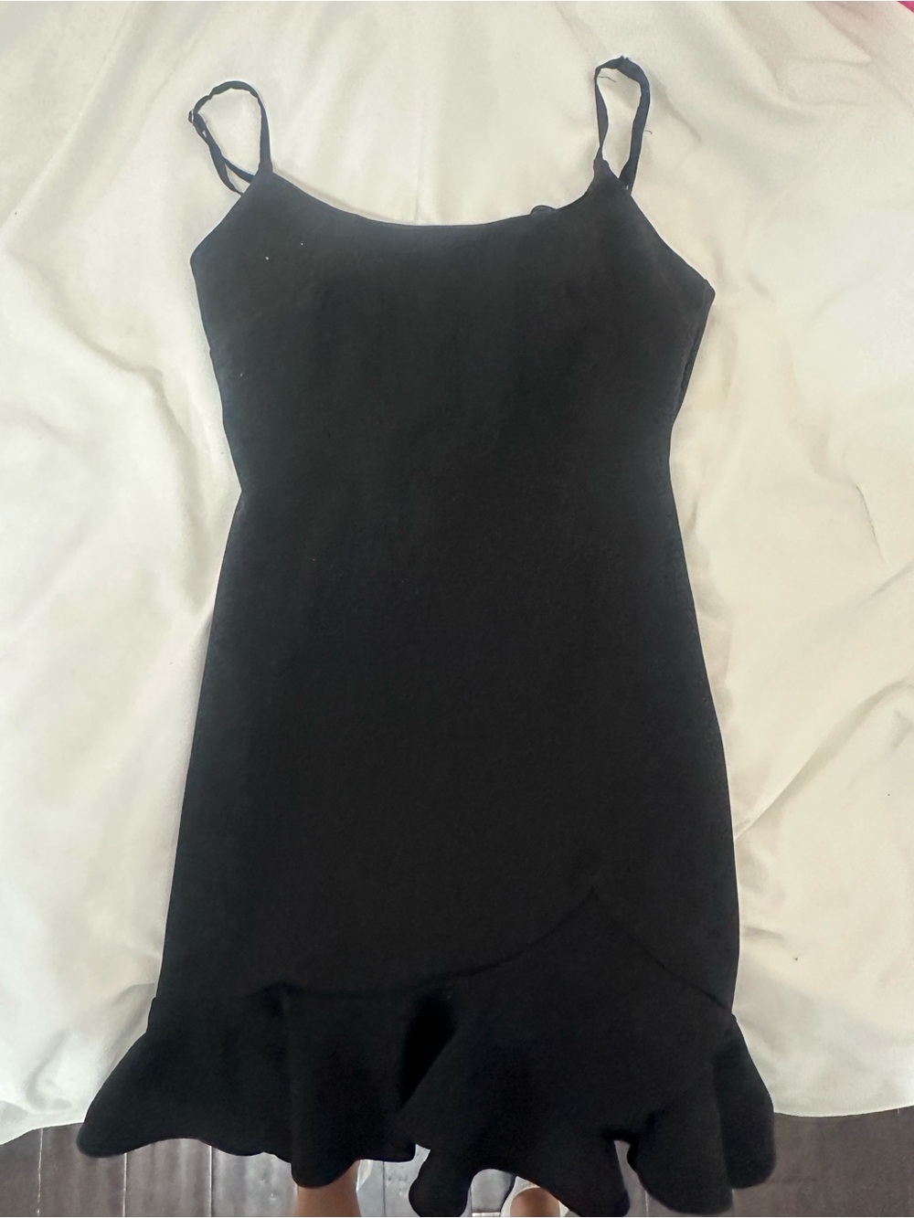 Selfie Leslie Black Spaghetti-Strap Mini Dress with Ruffle Hem